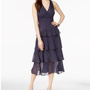 Taylor Metallic-Dot Chiffon Ruffle Midi Dress